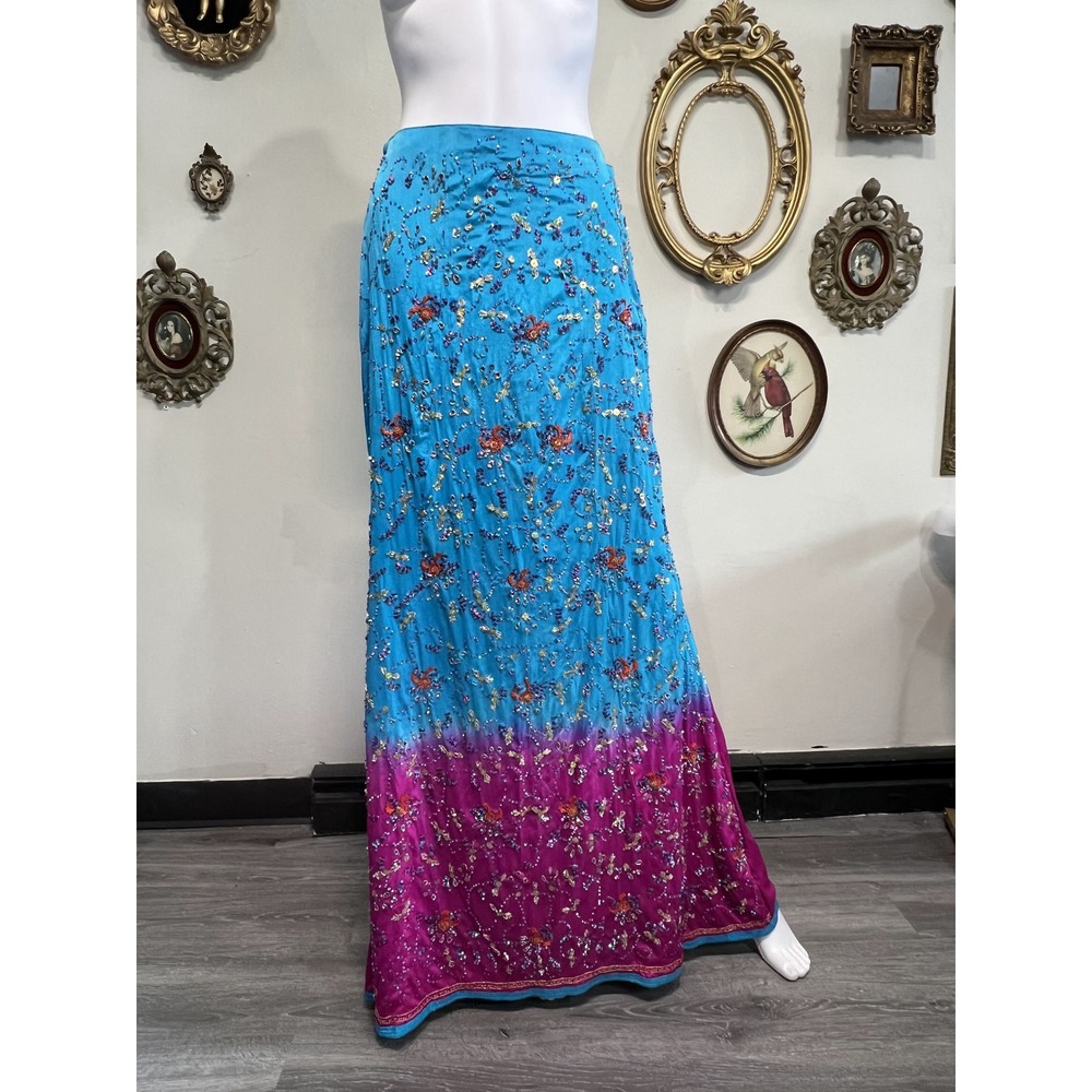 Vintage Blue Magenta Ombre Sequin Embroidered Boho Maxi Skirt